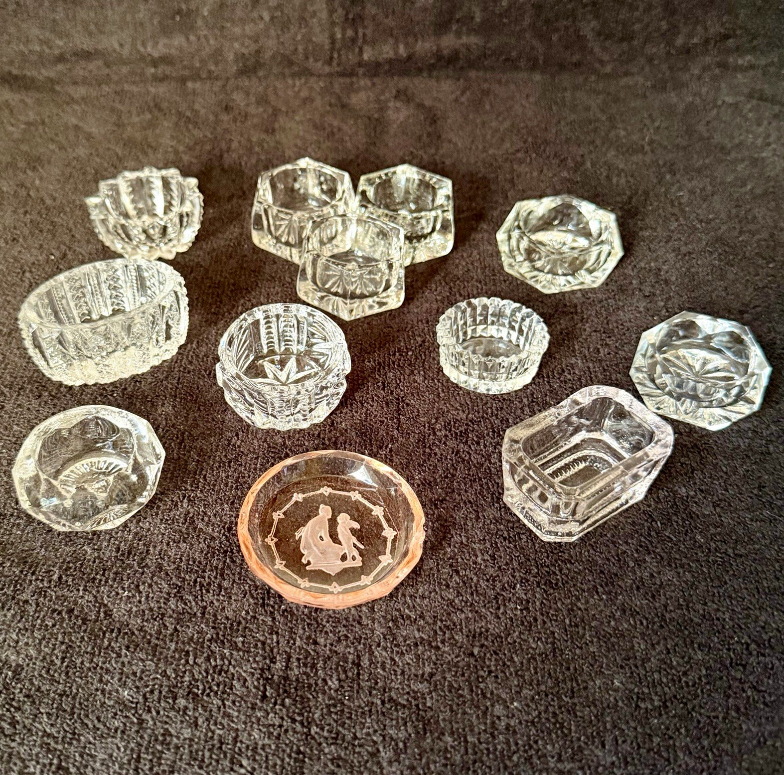 Lot of 12 Antique and VTG Cut Glass Open Salt Cellar Dishes, Mixed Shapes/Colors
