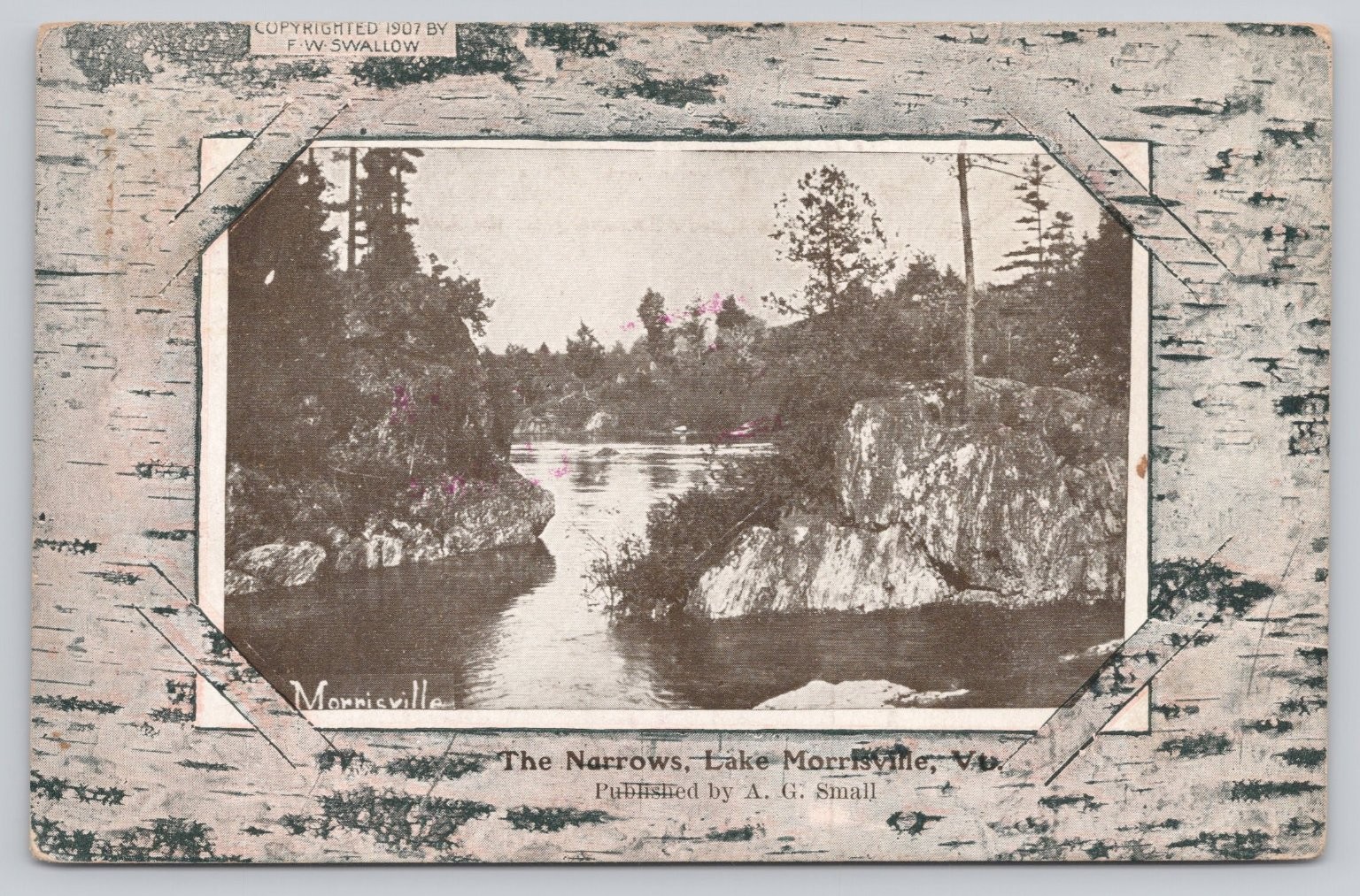 1907 The Narrows Lake Morrisville VT Birch Bark Border Postcard