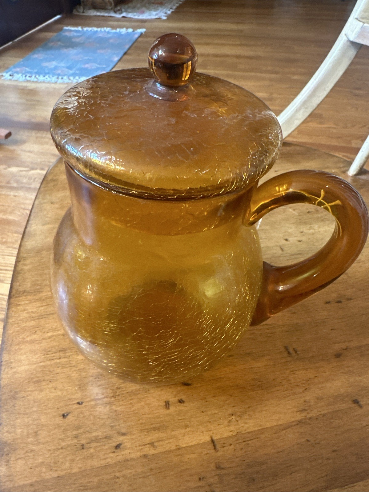 Hand Blown Amber Crackle Glass Pitcher Vase 2 Piece Lidded Set Bubble Vintage G2