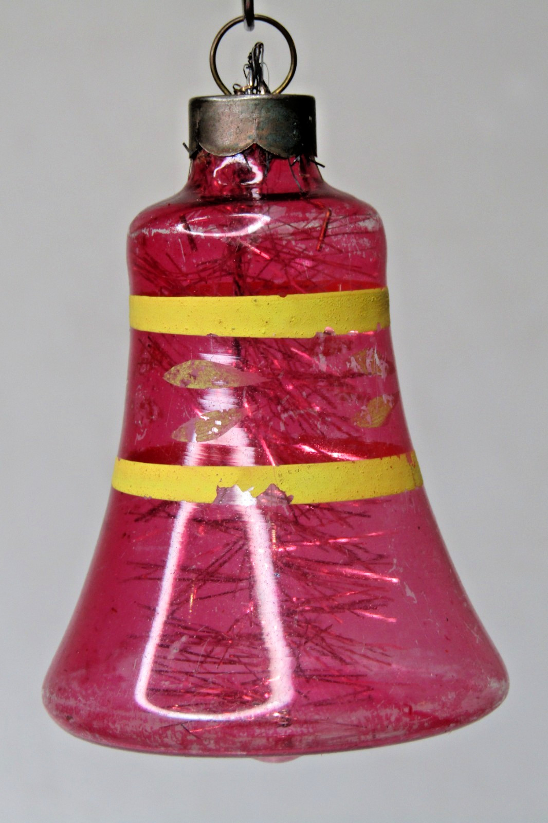 VTG WWII Unsilvered Glass Tinsel In Striped BELL Christmas Ornament Corning