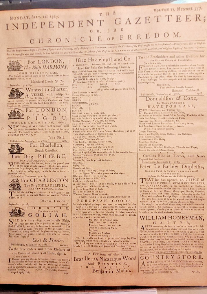 RARE The Independence Gazzette/The Chronicle of Freedom, Sept 24th, 1787 RARE The Independence Gazzette/The Chronicle of Freedom, Sept 24th, 1787