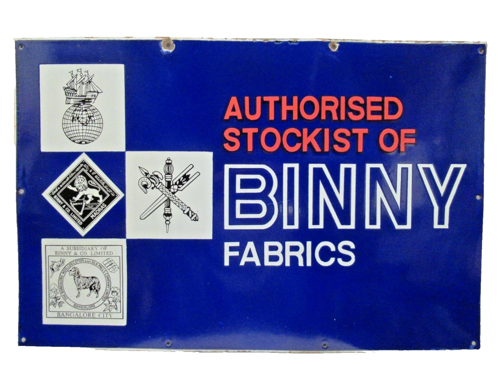 Vintage Porcelain Enamel Binny Fabrics Authorized Stockist Sign Madras 30x20in \ Vintage Porcelain Enamel Binny Fabrics Authorized Stockist Sign Madras 30x20in \