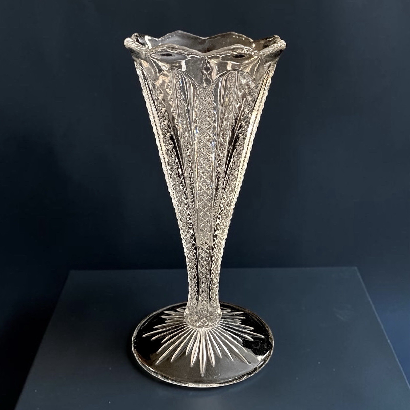 Antique Ornate Glass Trumpet Vase Duncan & Miller EAPG Zipper Pattern 6.5”