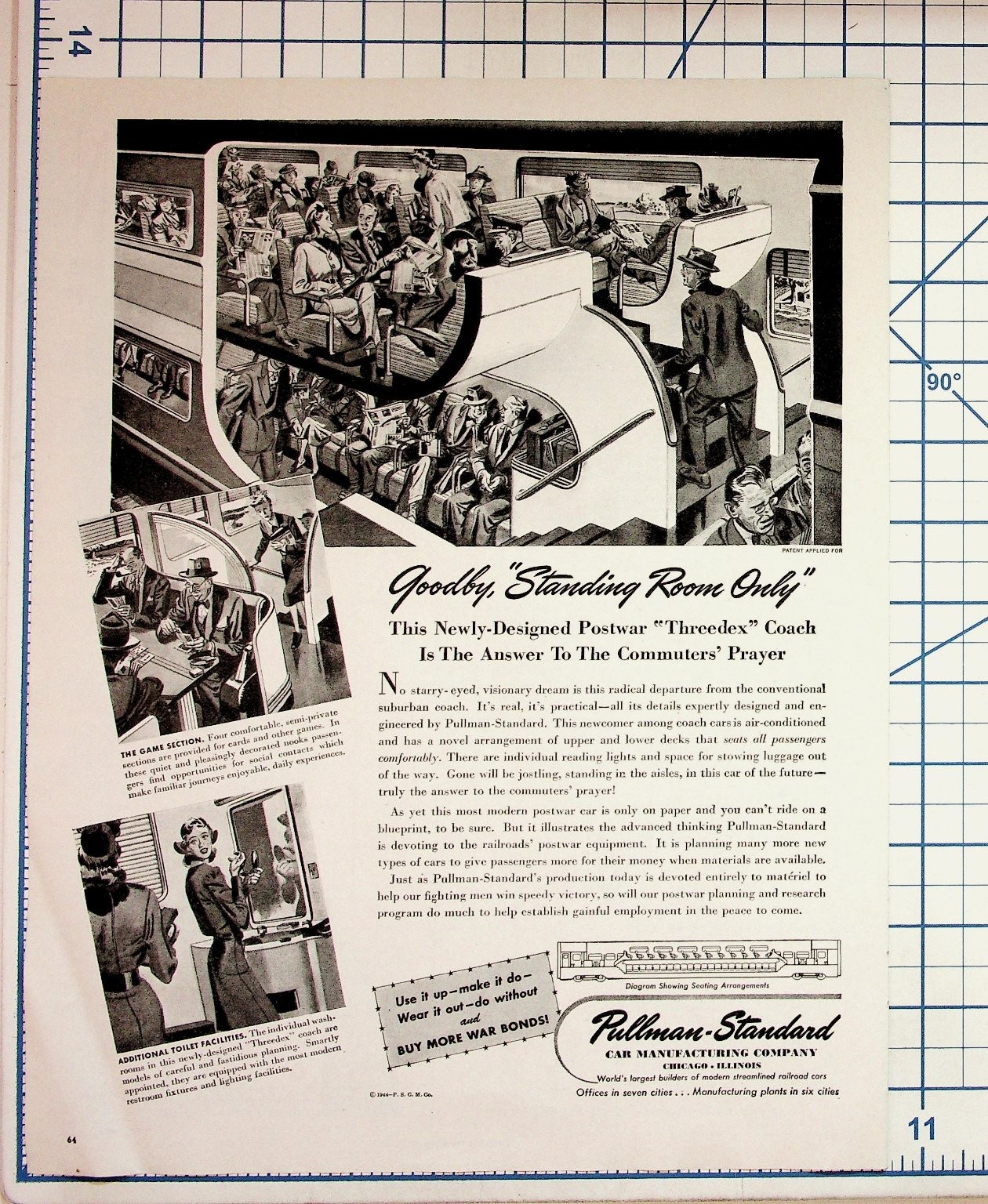 1944 Pullman Standard Thredex Coach Train Car WWII War Bonds Ad Ephemera