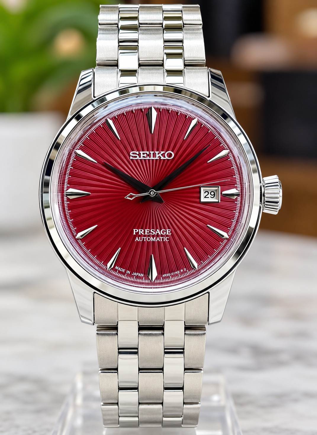 SEIKO Presage Automatic Men\'s Watch Red Dial Stainless Steel Bracelet Luxury Dre