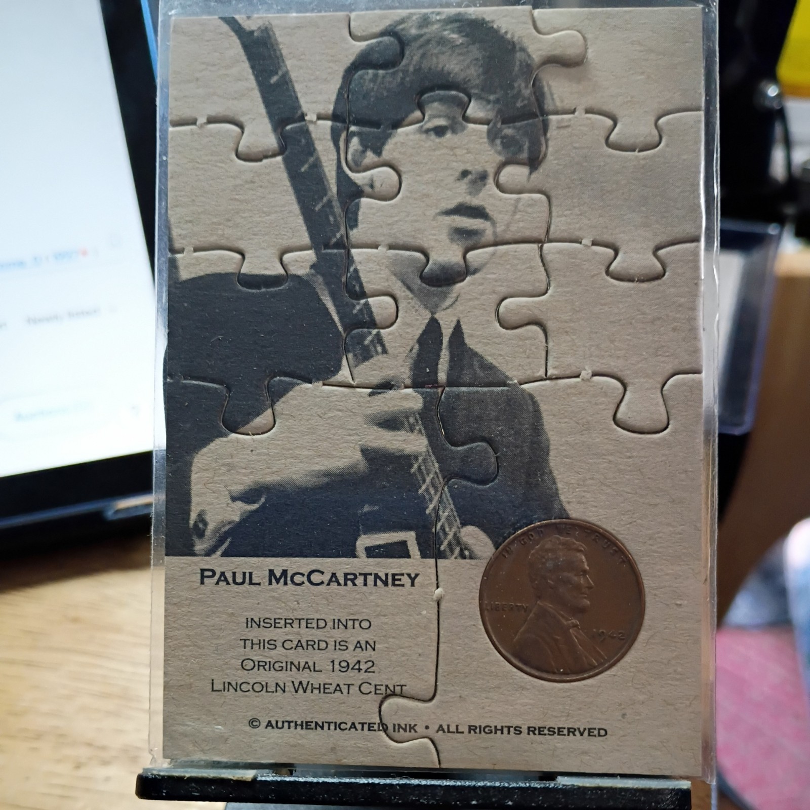 Paul McCartney Authenticated Ink 1942 Lincoln Wheat Penny puzzle card Paul McCartney Authenticated Ink 1942 Lincoln Wheat Penny puzzle card