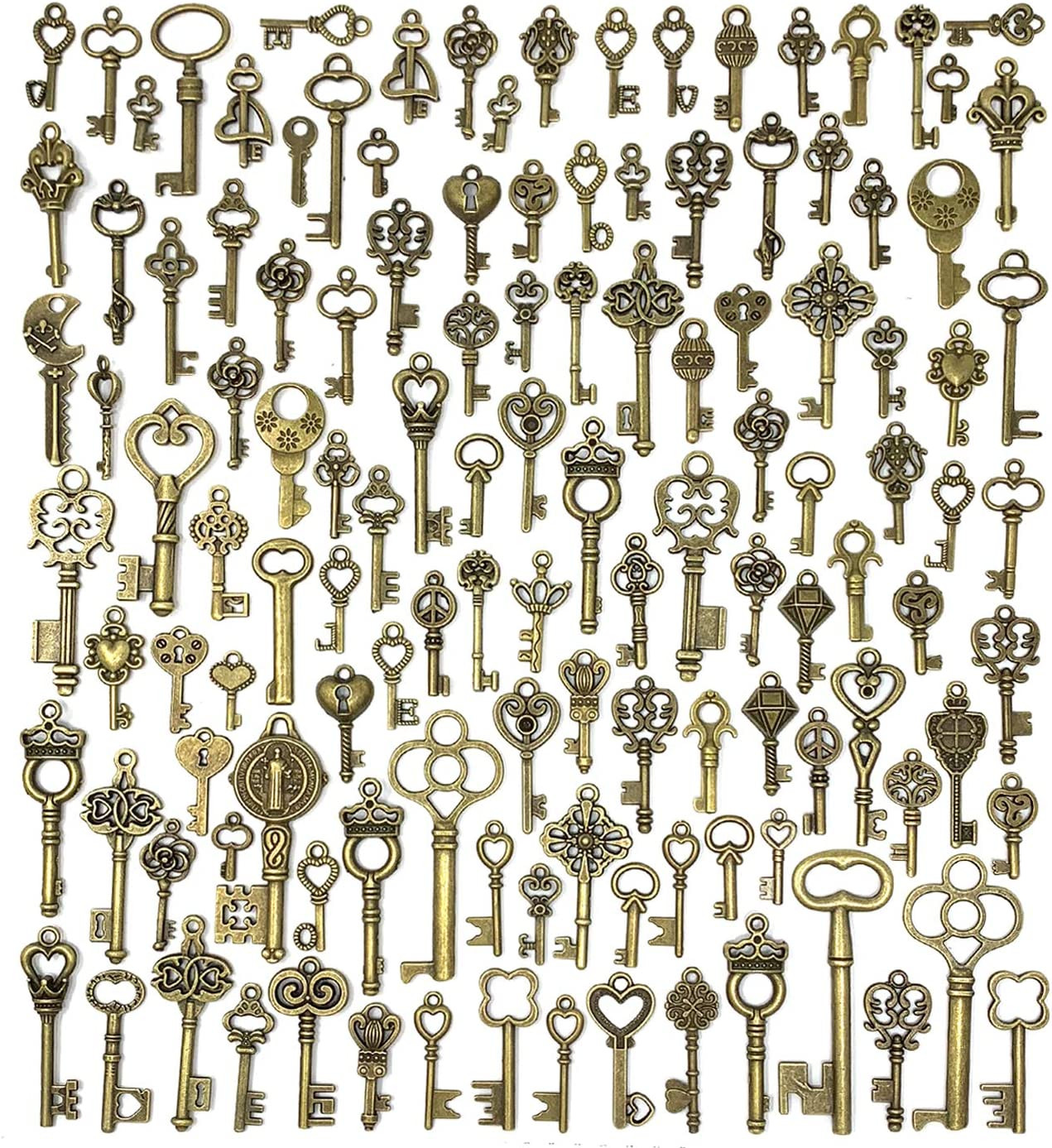 125 PCS Vintage Skeleton Key Set Charms,  Mixed Antique Style Bronze
