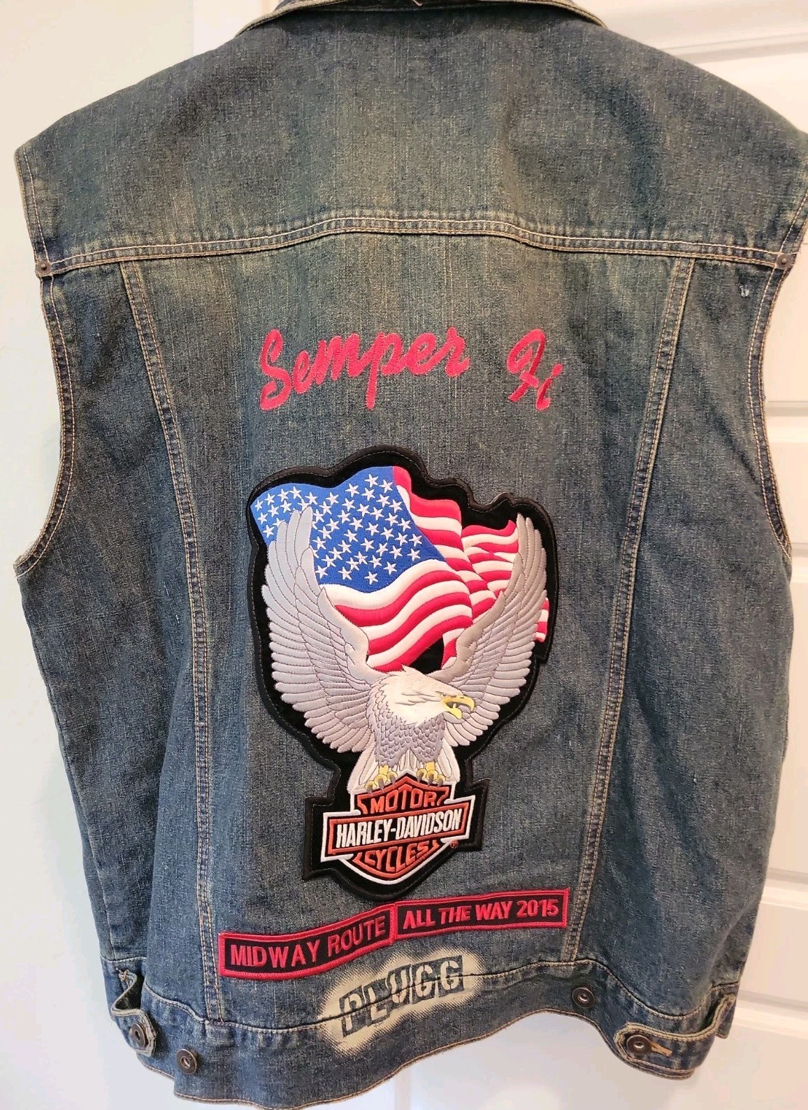 VTG Harley Davidson Semper Fi Eagle denim Vest  Embroidered Pins L