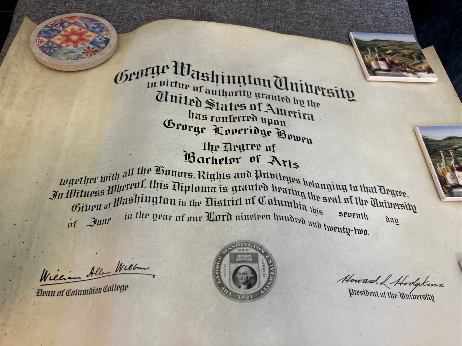 ANTIQUE 1922 George Washington University Bachelor Of Arts DIPLOMA PARCHMENT