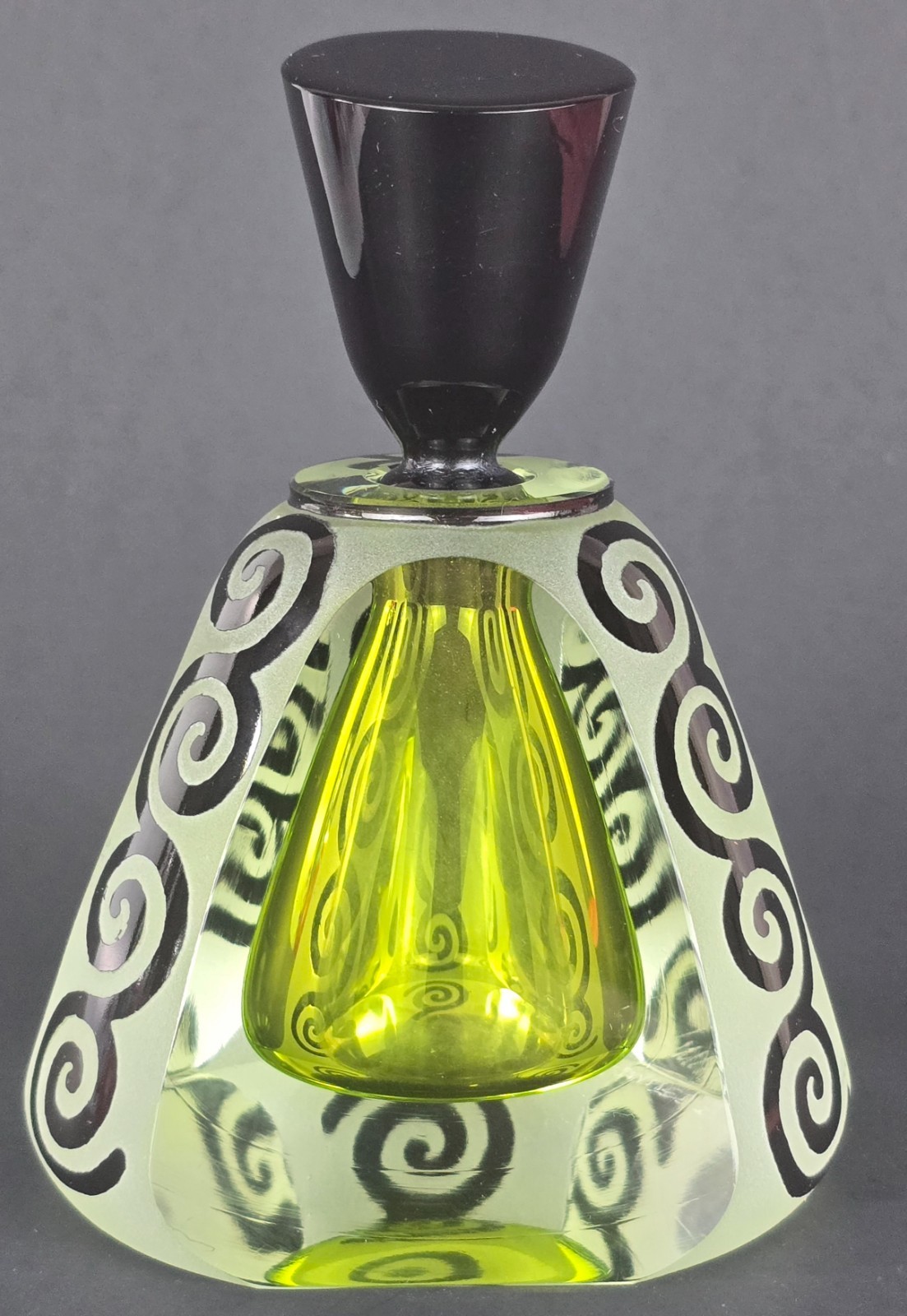 Signed CORREIA Lime Green Sommerso Etched Black Studio Art Glass Perfume Bottle