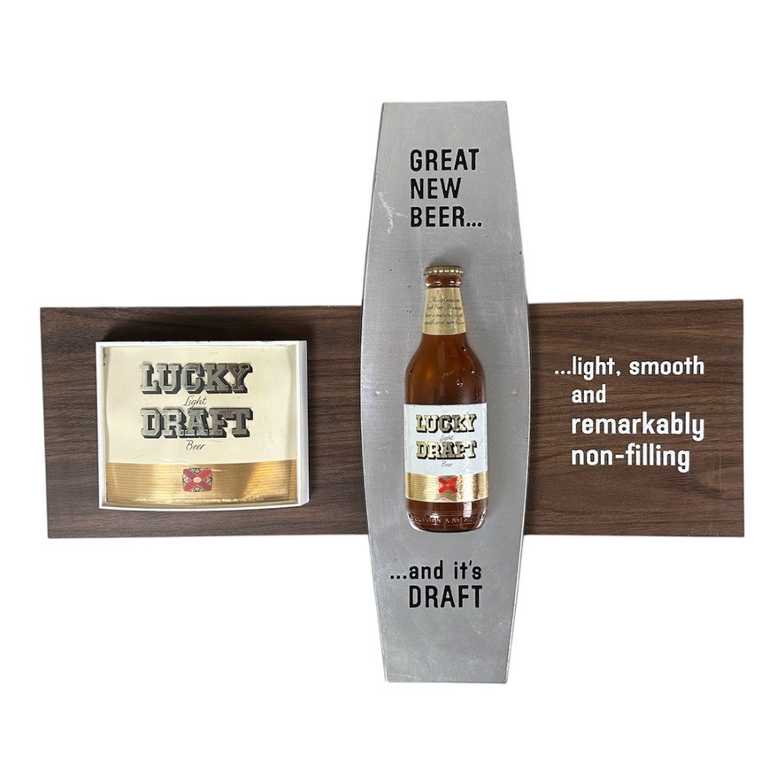 VTG 1960s Lucky Lager Light Draft Beer 3D Bottle Hanging Advertising Sign
