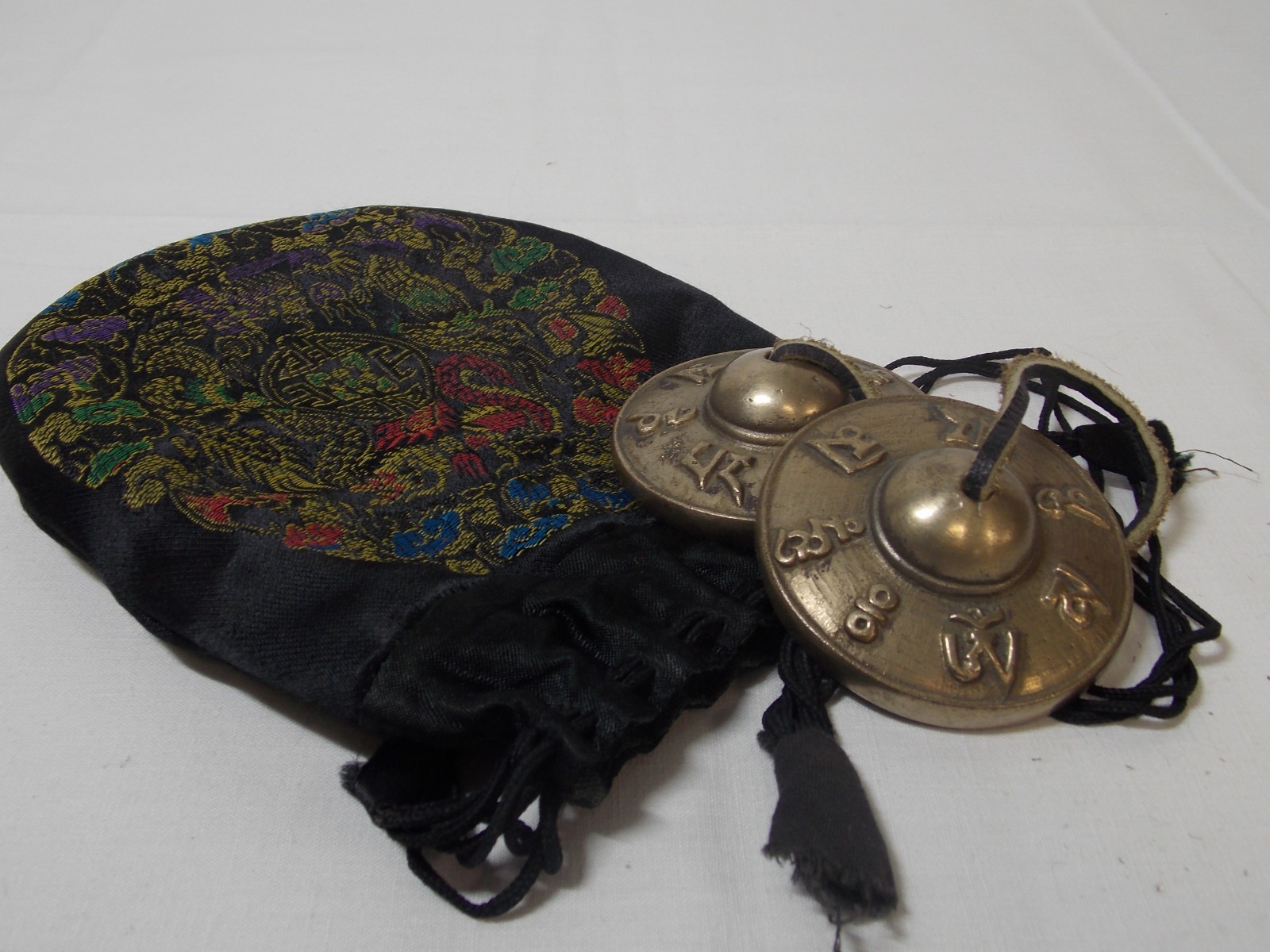 Vintage Tibetan Buddhist Tingsha Cymbals Chimes, Leather Strap 2.75\