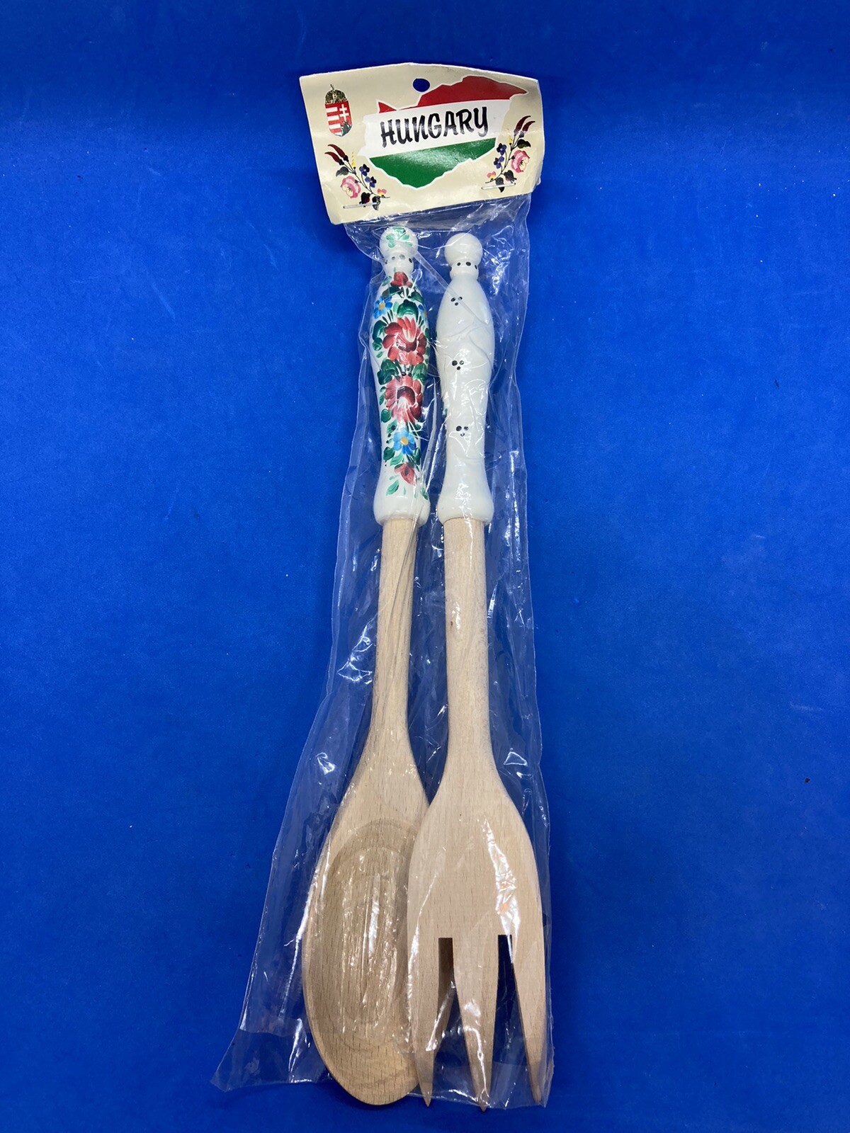 Vintage Wooden Serving Spoon Fork Set Flower Painted Art Handle Hungary 6 Vintage Wooden Serving Spoon Fork Set Flower Painted Art Handle Hungary 6