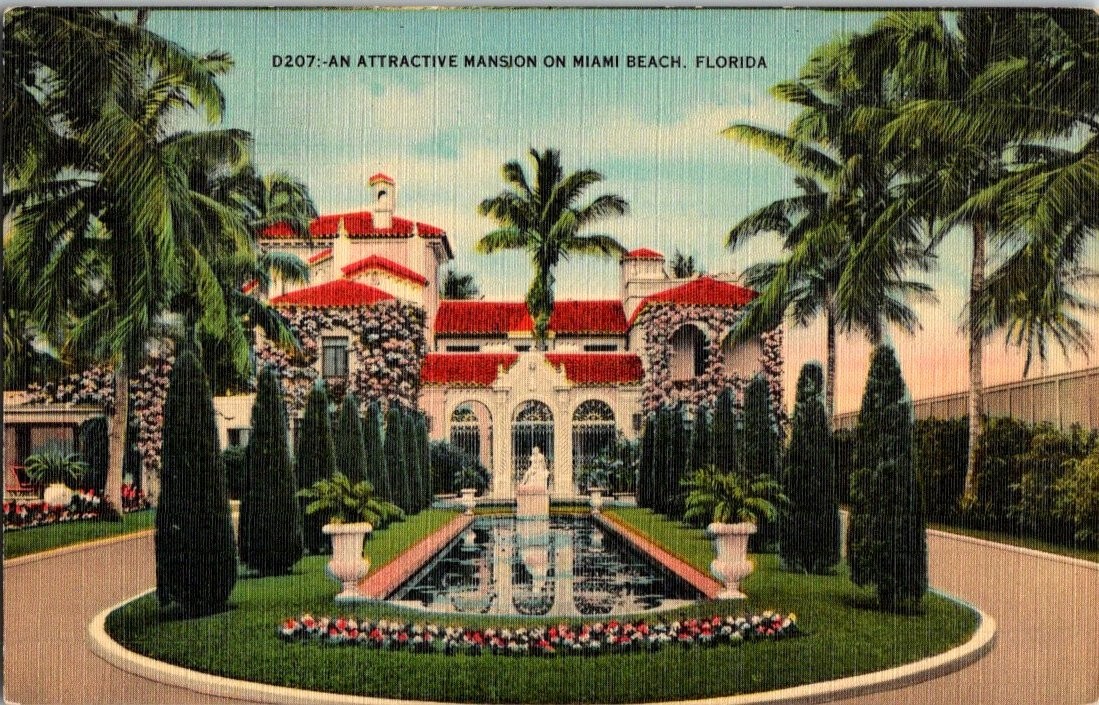 Miami Beach FL Attractive Mansion Florida Linen Postcard D207 1930s