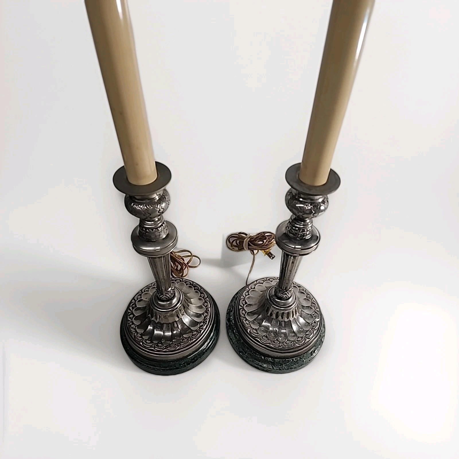 Pair Vintage Sarreid DiErras Metal Candlestick Heavy Gothic Style Marble Base 