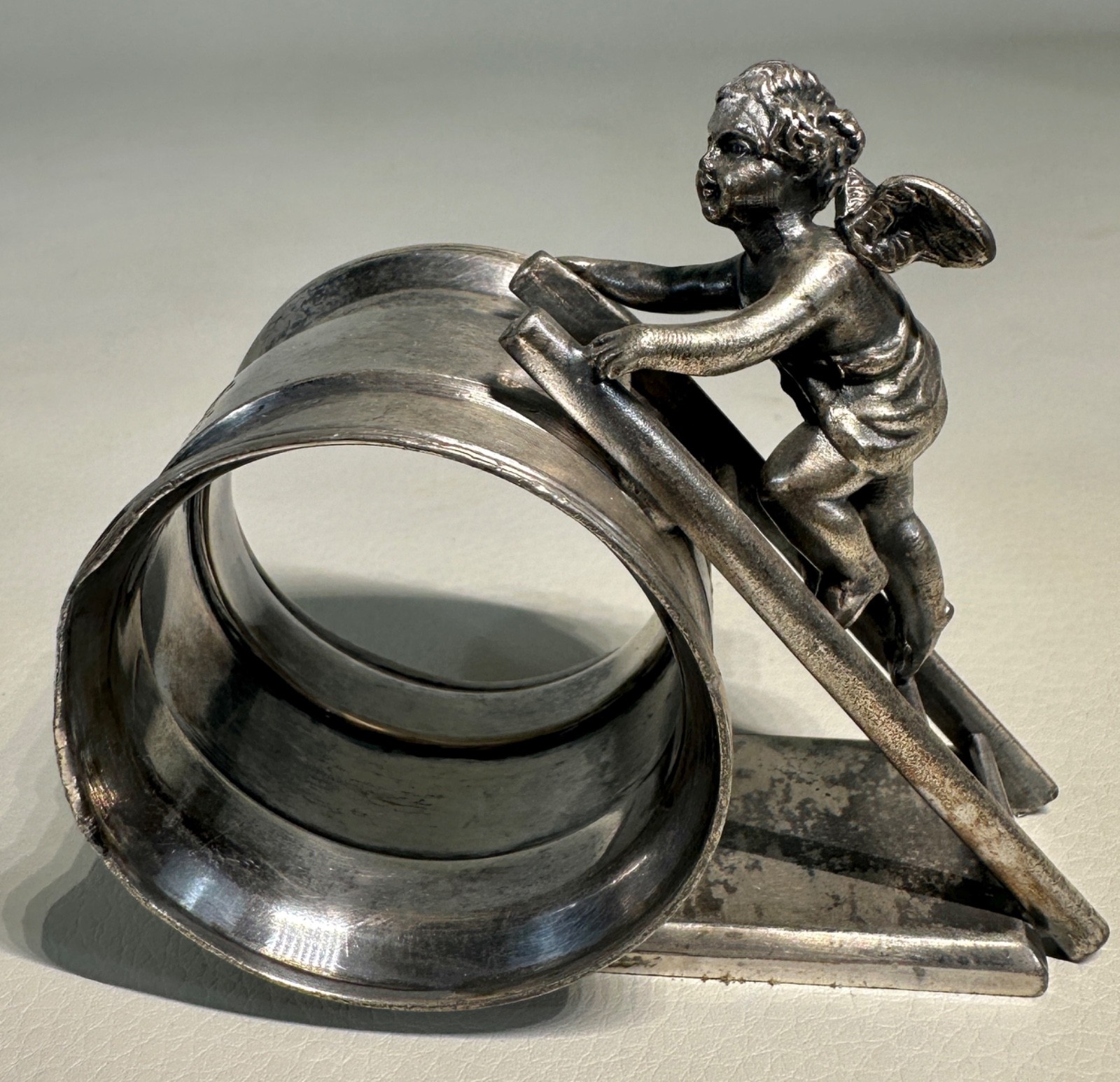 Antique Reed & Bar Figural Angel Cherub Climbing Ladder Silver Plate Napkin Ring