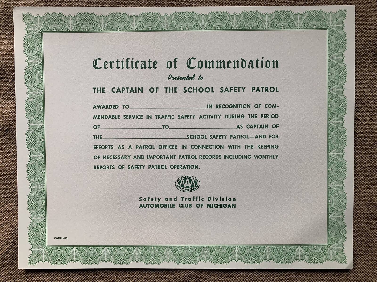 Vintage AAA Captain Of Safety Patrol Certificate Automobile Club Michigan