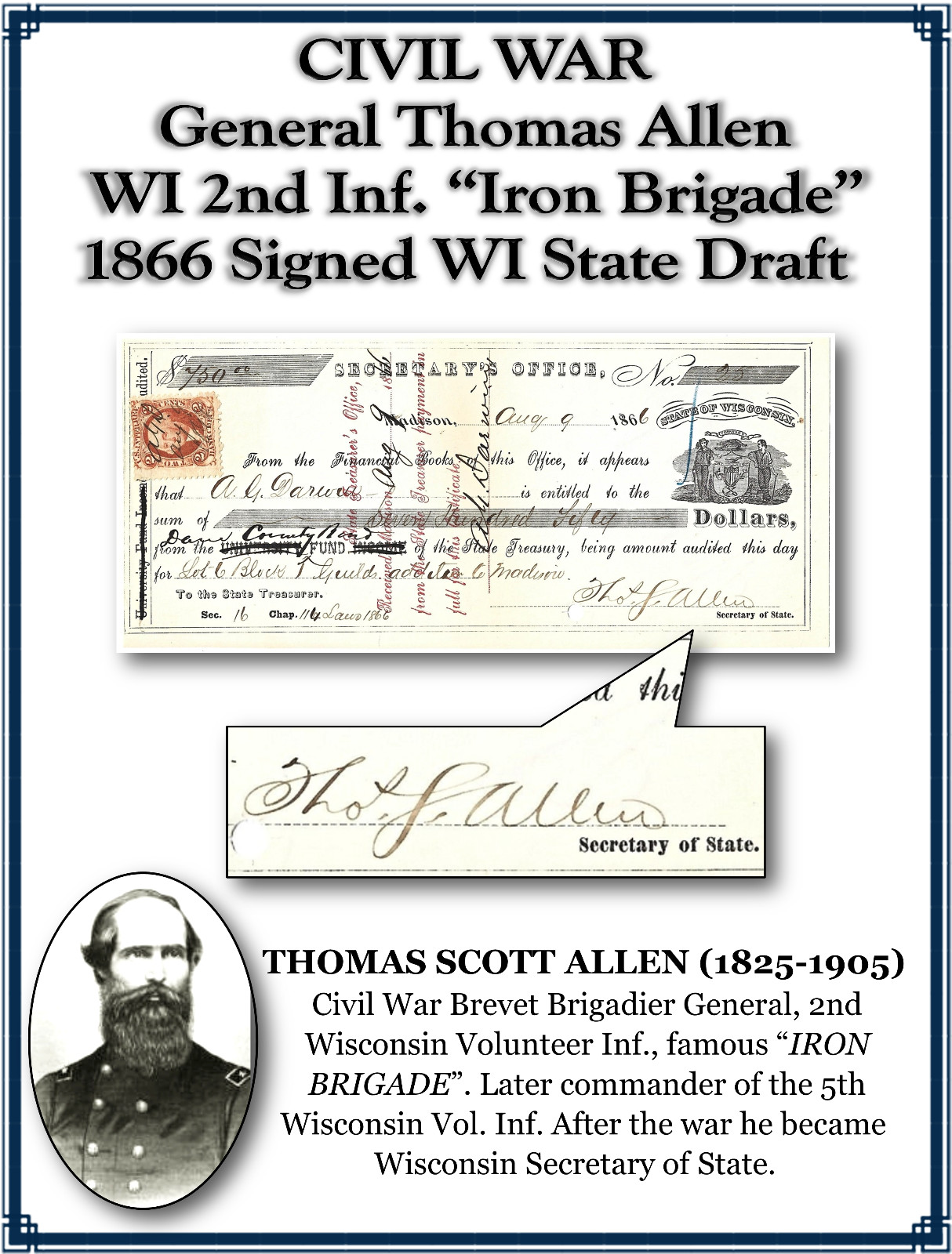 CIVIL WAR Wisconsin General Allen “Iron Brigade” 1866 Signed WI State Draft 