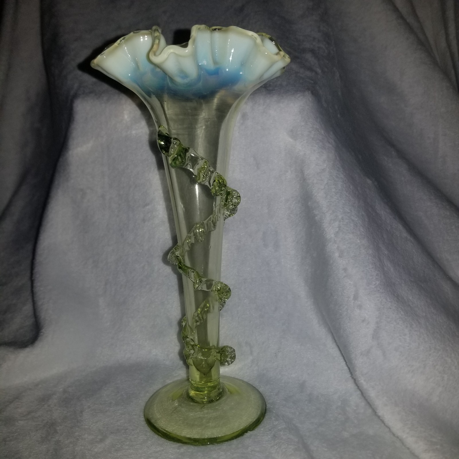 Victorian Trumpet Vase Flared Ruffle Lily Opalescent Vaseline Glass Chip Vine Mo