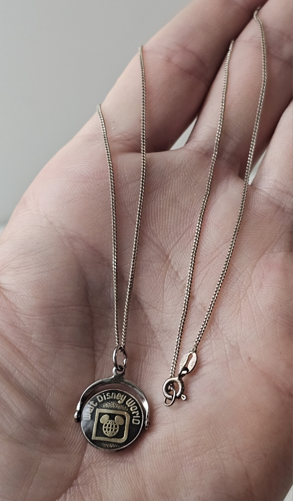 Vintage WALT DISNEY WORLD Sterling Silver Necklace Enamel Spinner Charm Pendant