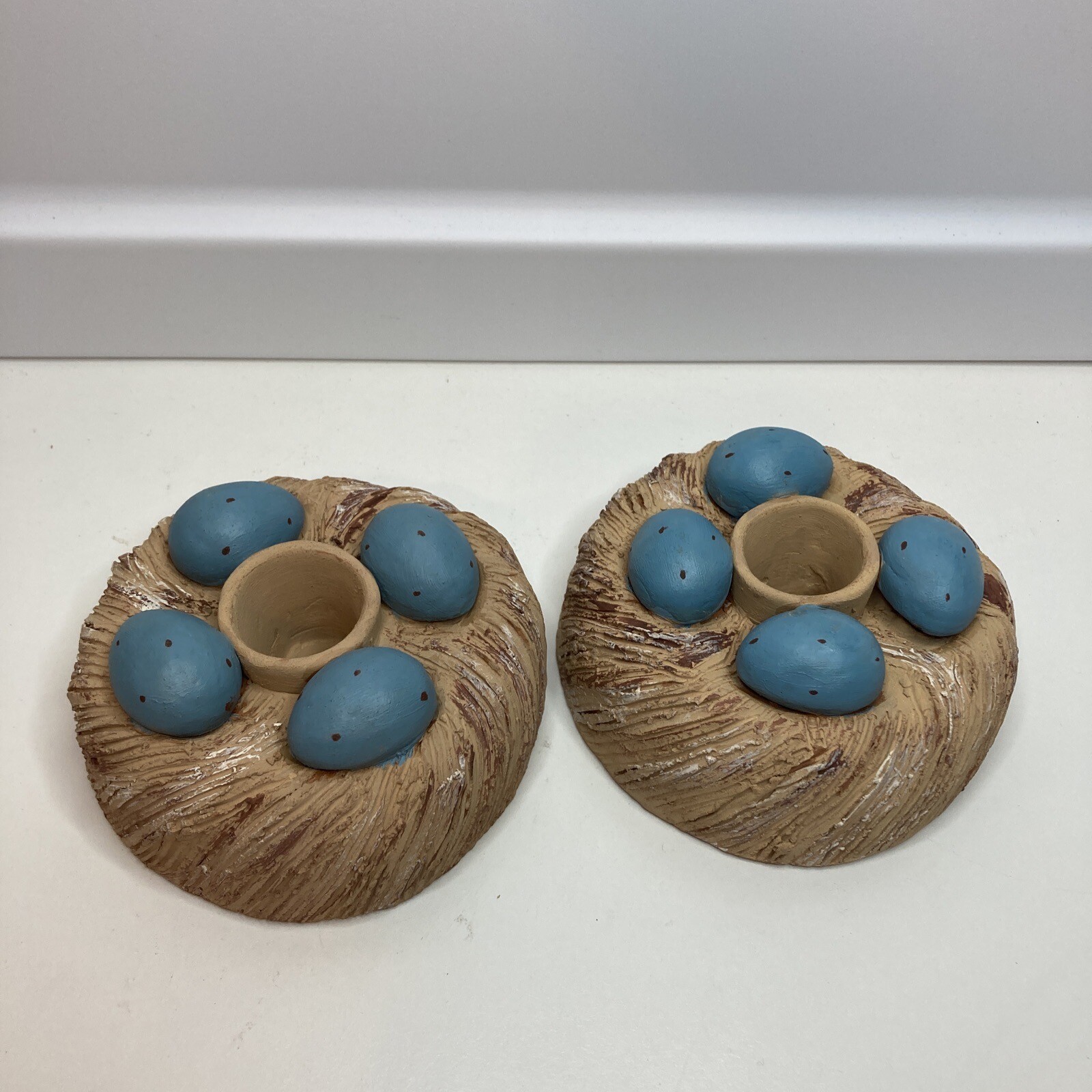 A Pair Vintage Serrv pottery Candle Holder Eggs On Nest Made in Peru Easter vibe