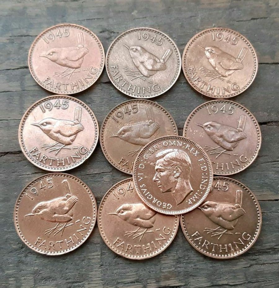 Vintage 1945 UK Farthing Coin Set, King George, Antique Collectible