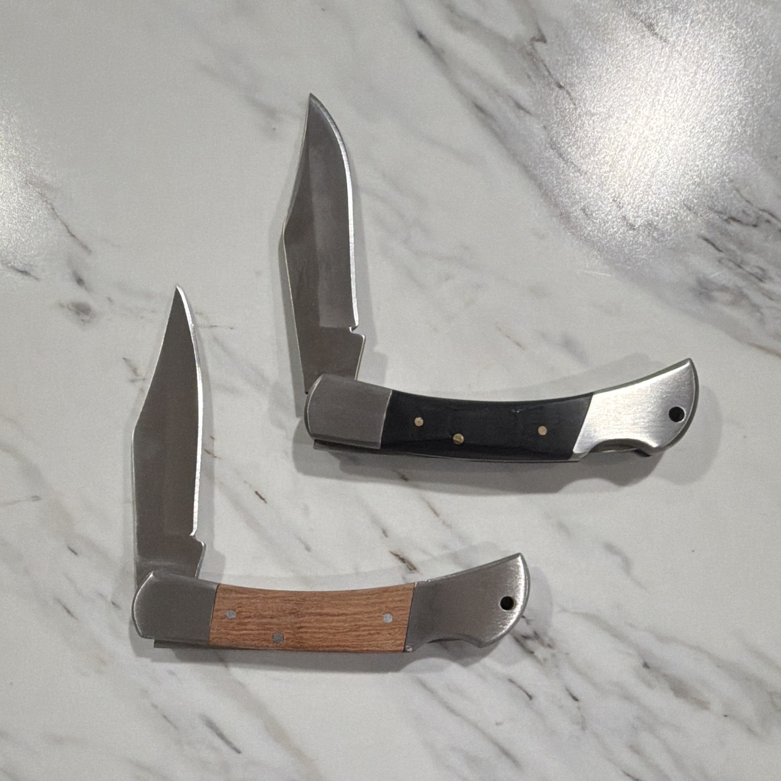 Lot of 2 Lockback Folding Pocketknives, Manual SS, Wood/Black Handles