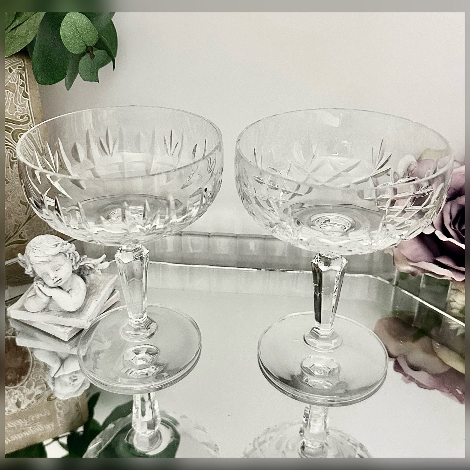 Mikasa Antique Lace Champagne Coupes Set 2 Crystal Dessert Cups