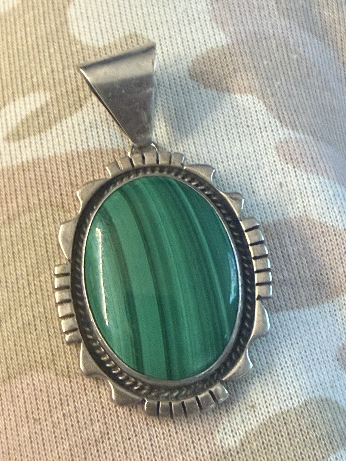 vintage NAVAJO signed BOBBY CLEVELAND malachite STERLING silver NA pendant 2 3/8