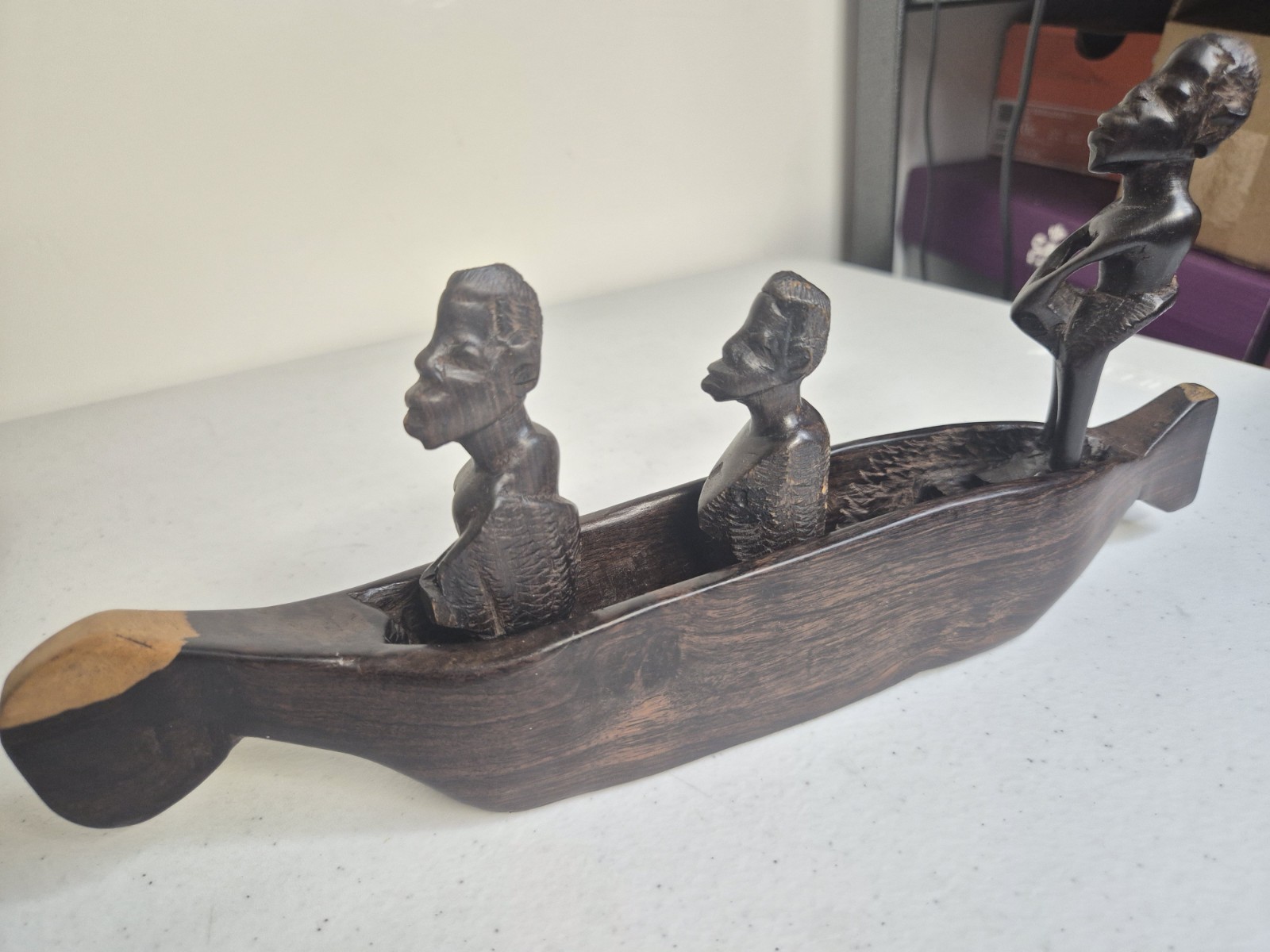 Antique Vintage African Wood Hand Carved Fisherman in Boat