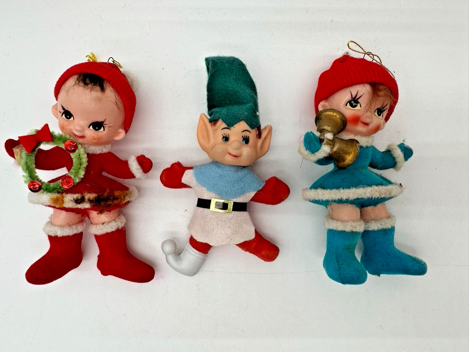 LOT (3) Vintage Christmas Ornaments Elf Pixie Flocked Holiday Set Cute 4\
