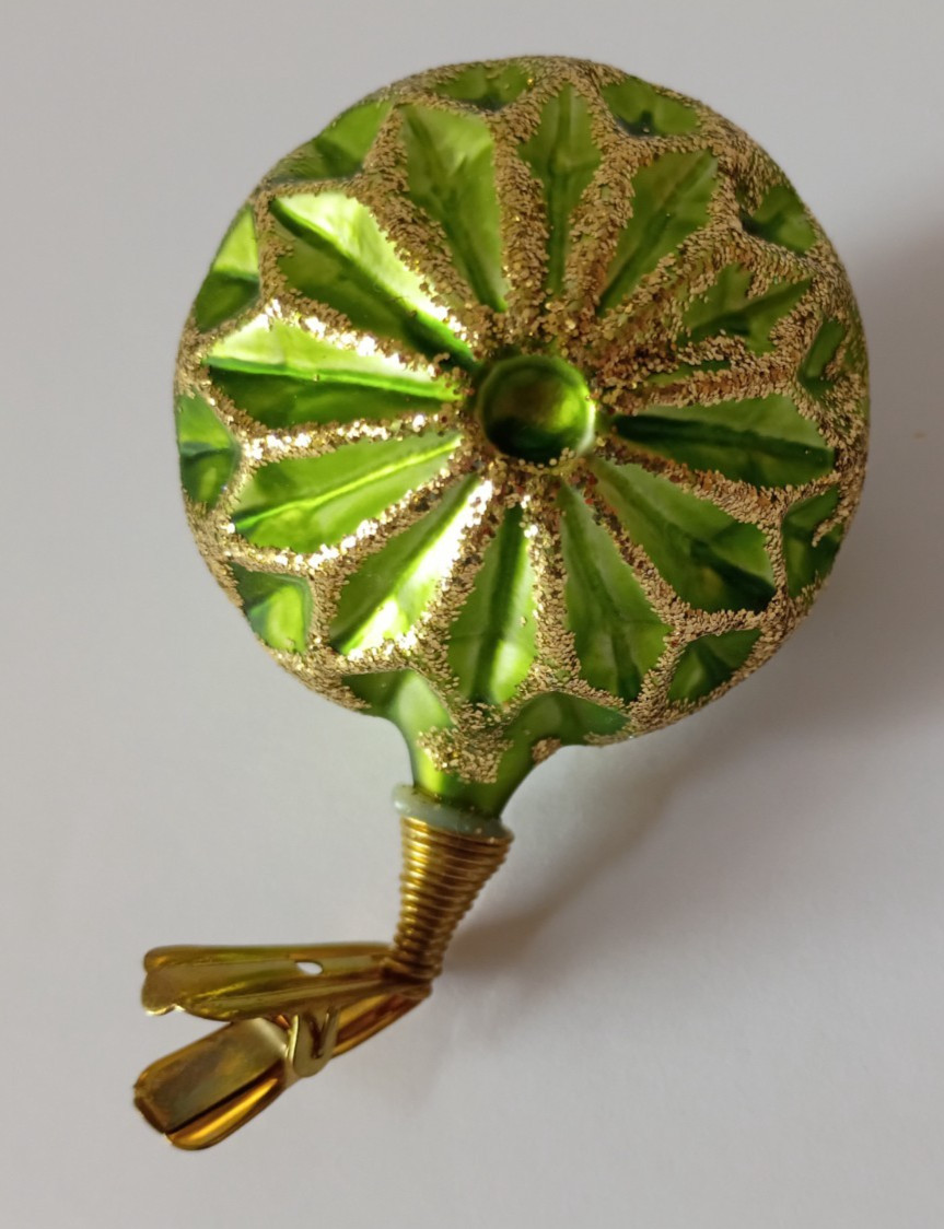 VTG West Germany Green Mercury Glass Clip-On Christmas Ornament Gold Mica Indent