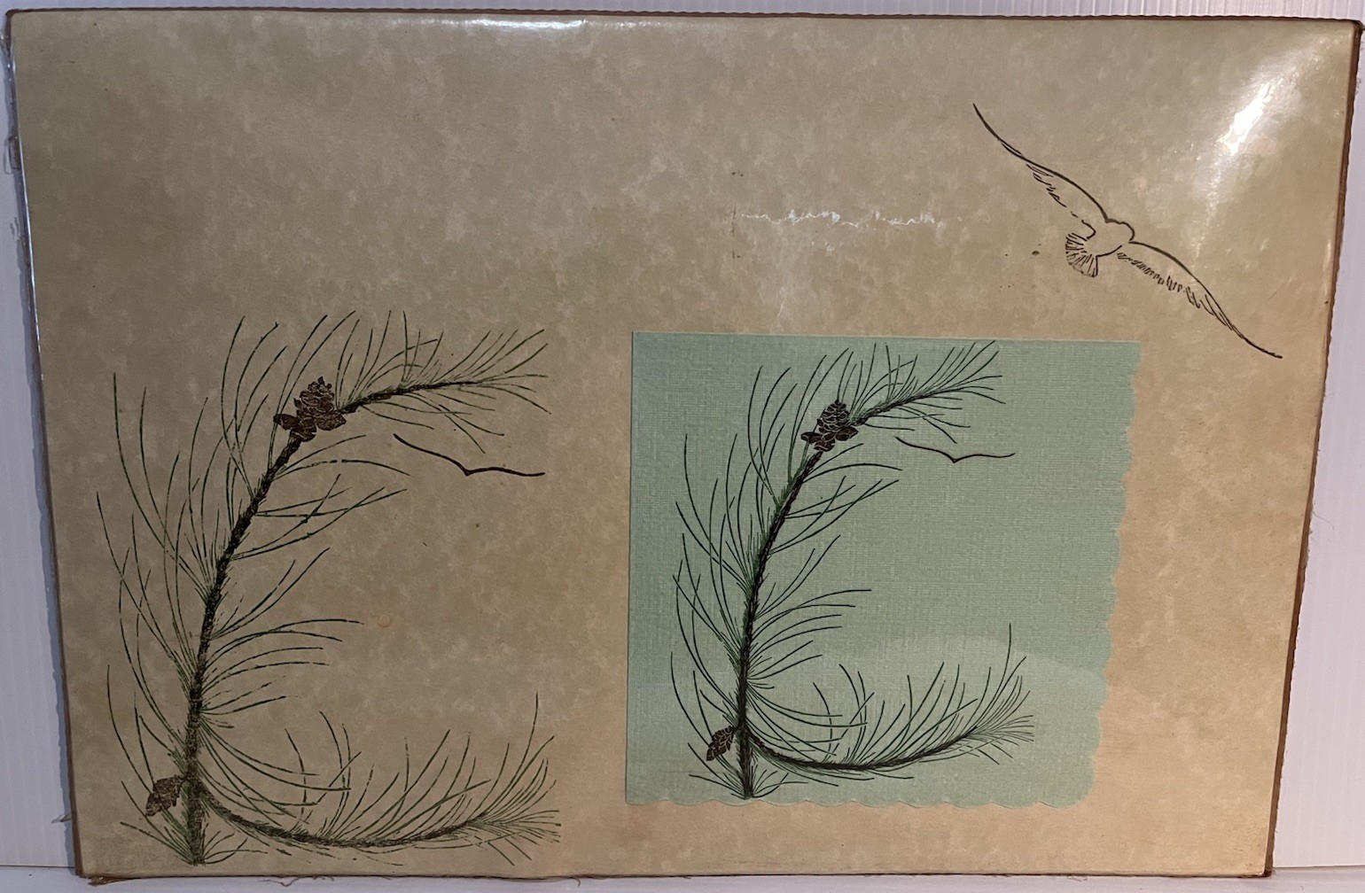 Vintage Gwen Frostic Block Print Pine Tree & Seagull Placemats& Napkns UNOPENED