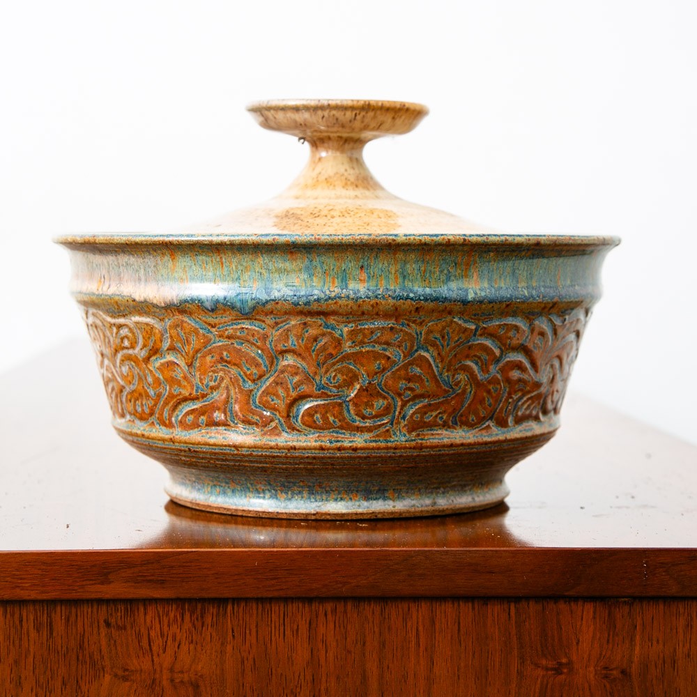 Art Pottery Lidded Bowl Ceramic Vessel Glazed Round Signed Serving Casserole Mcm