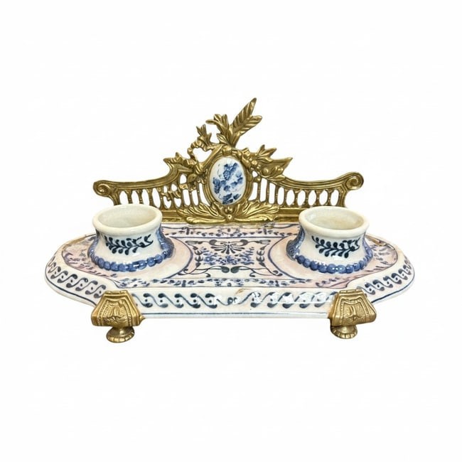Antique Wong Lee Faience Double Inkwell Gilt Bronze Mounted Desk Set