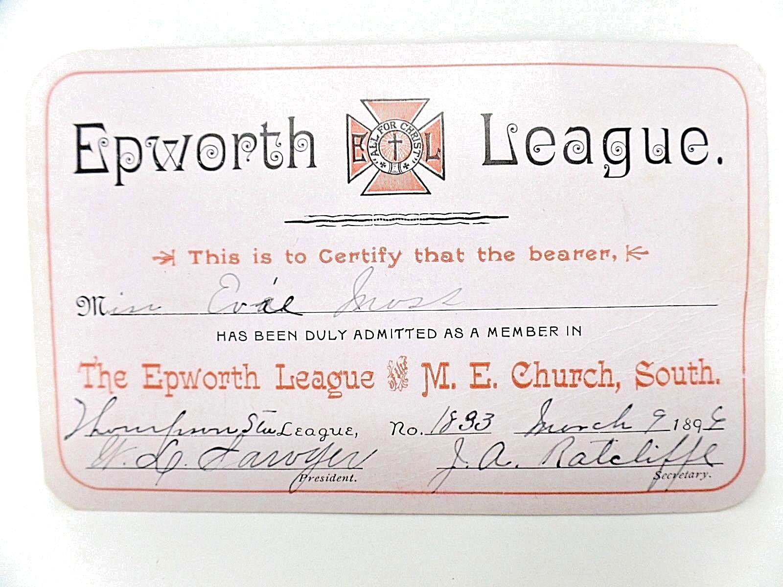 Antique Paper Ephemera 1896 Epworth League Church Membership Card Religious