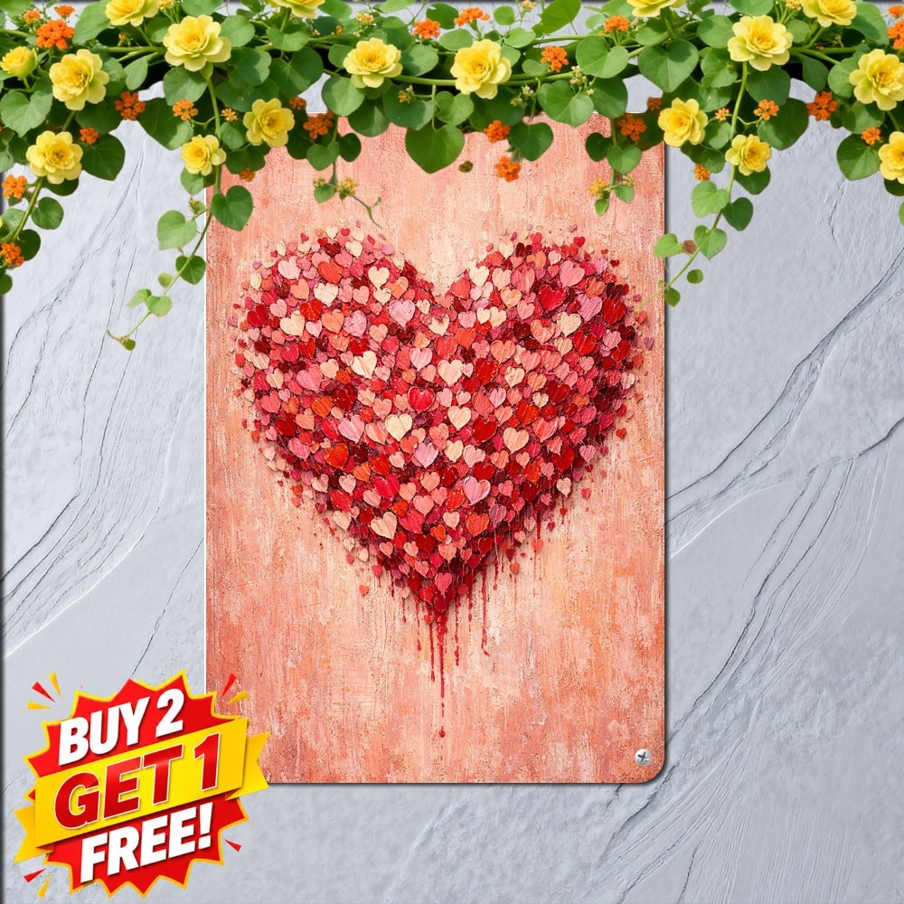 Red Heart Vintage Love Shape Distressed Valentine Pattern Metal Tin Sign 8x12
