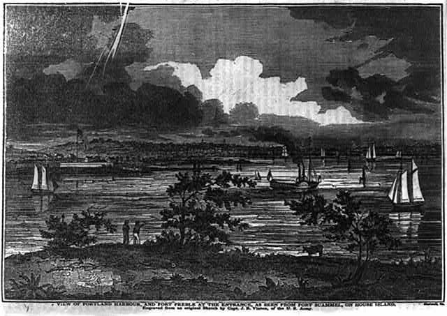 Photo:Portland Maine Harbor Fort Preble Fort Scammel 1800s Sailboats View
