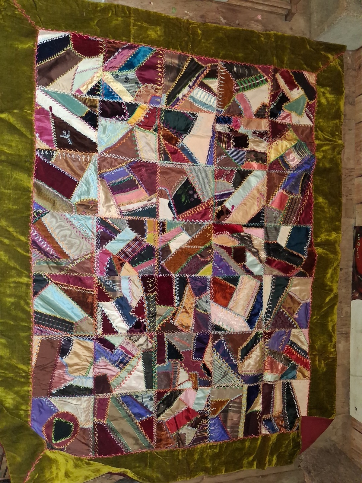 Antique American Crazy Quilt, 1880-1890, hand sewn.