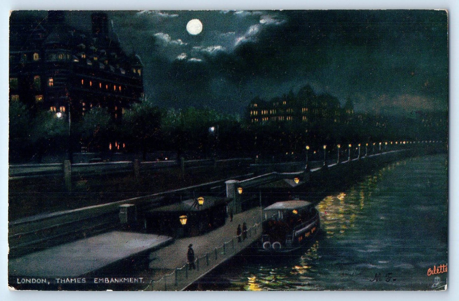 England Postcard London Thames Embankment at Moonlight c1910 Oilette Tuck Art