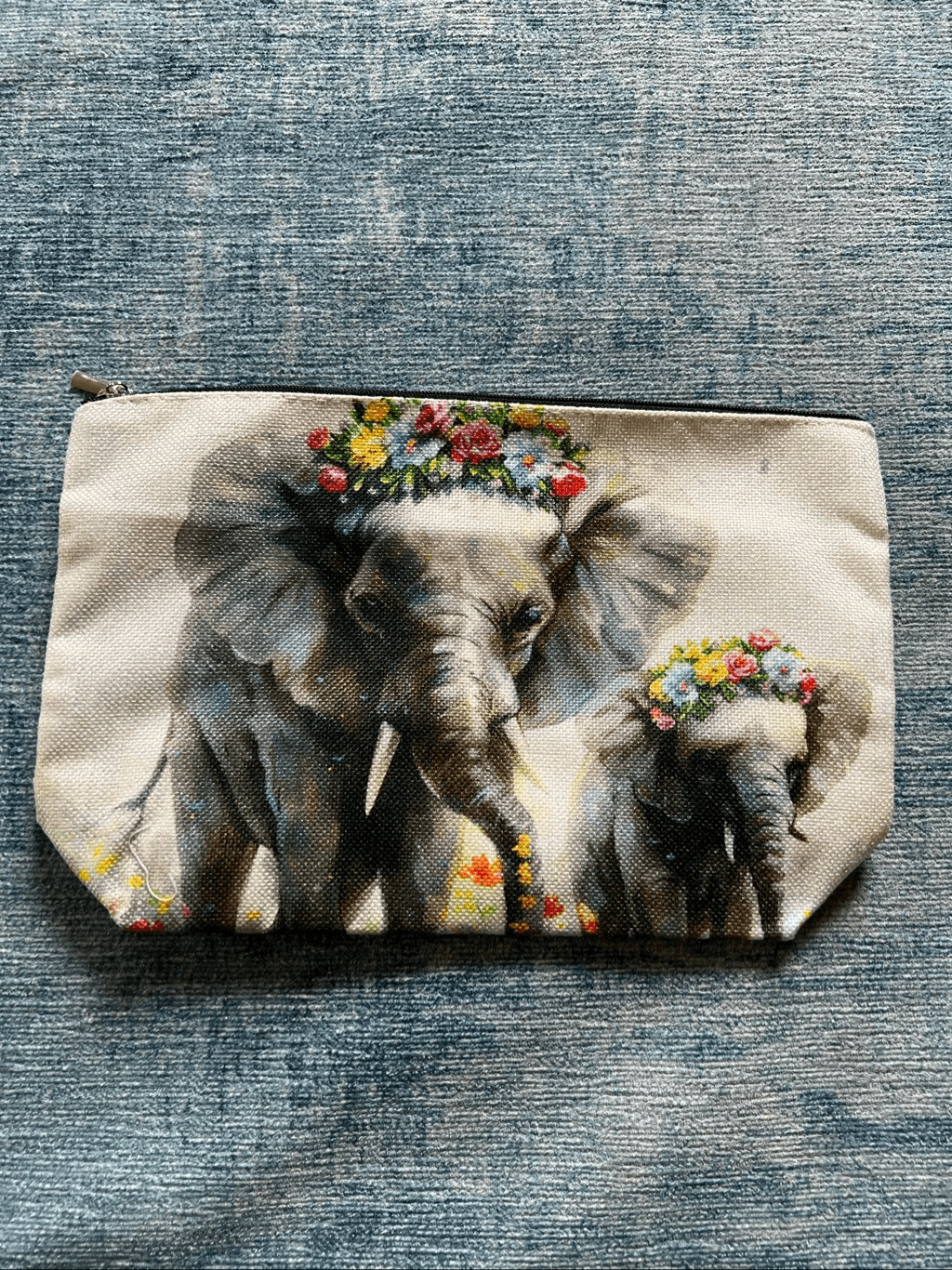 Elephant Mom Baby Floral Cotton Canvas Small Makeup Bag Travel Toiletry Pouch
