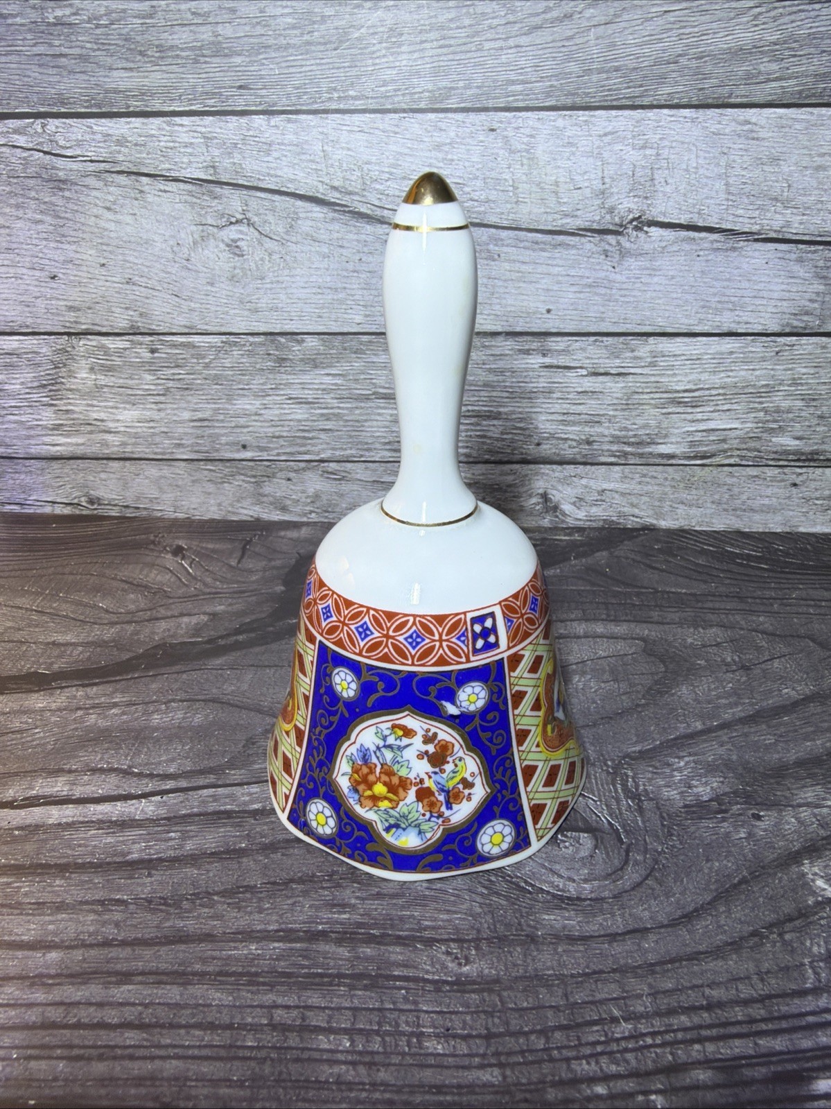Vintage Artmark Imari Porcelain Dinner Bell Cobalt Blue Rust Floral Japan