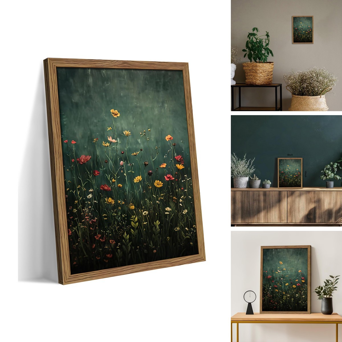 raiqtols Wildflower Field Framed Canvas Wall Art Green Field Landscape 8x10 inch