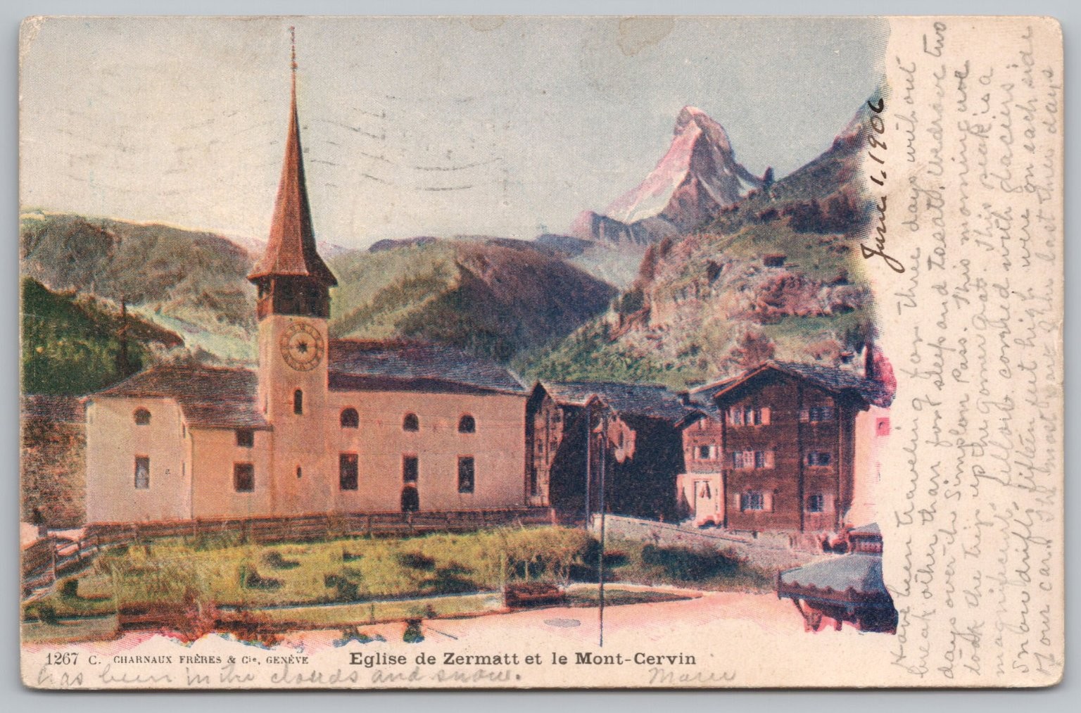 1906 Zermatt Switzerland Matterhorn Church Village Postcard Chillicothe Ohio