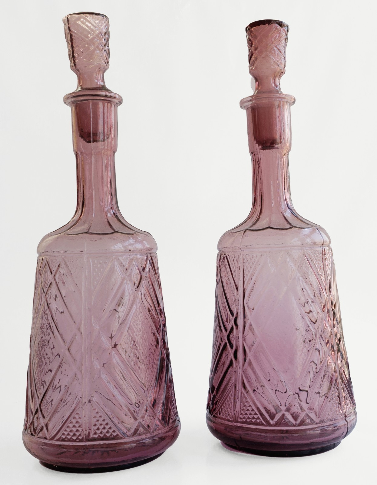 Vintage Amethyst Glass Diamond Point Decanter Bottles Set Of Two 13.5\ Vintage Amethyst Glass Diamond Point Decanter Bottles Set Of Two 13.5\