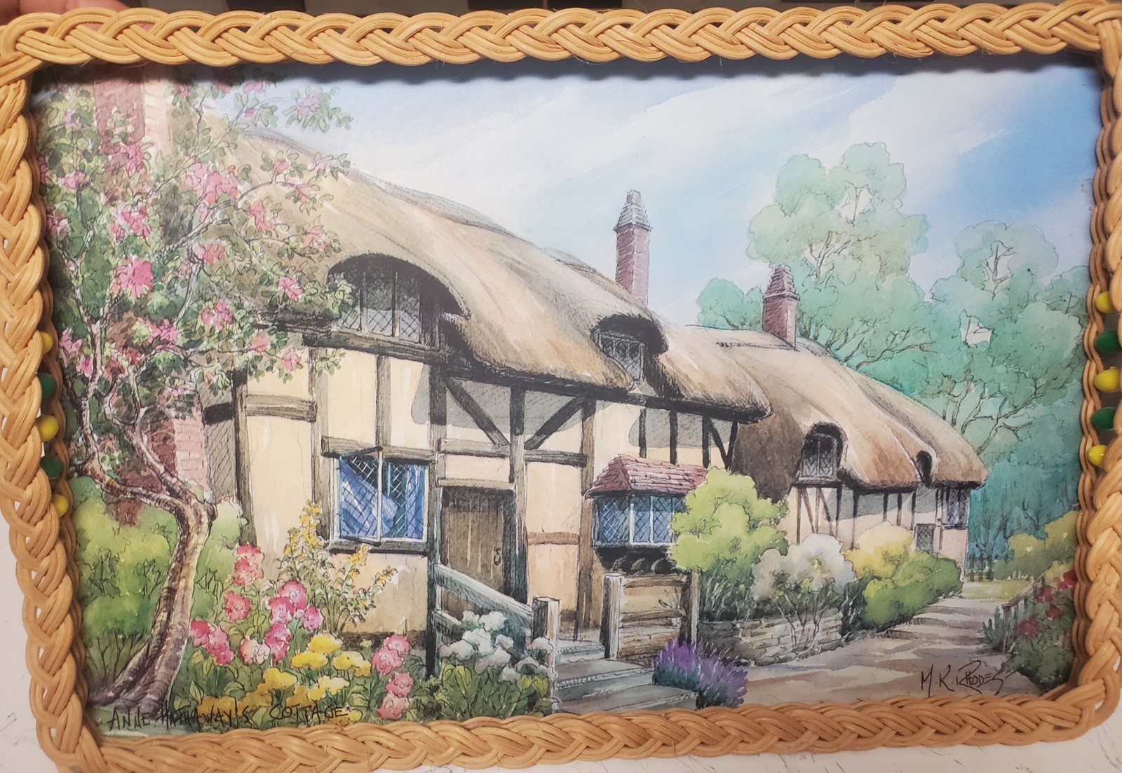 Vintage British Tea Tray M.K. Rhodes Anne Hathaway's Cottage Art Print Wicker