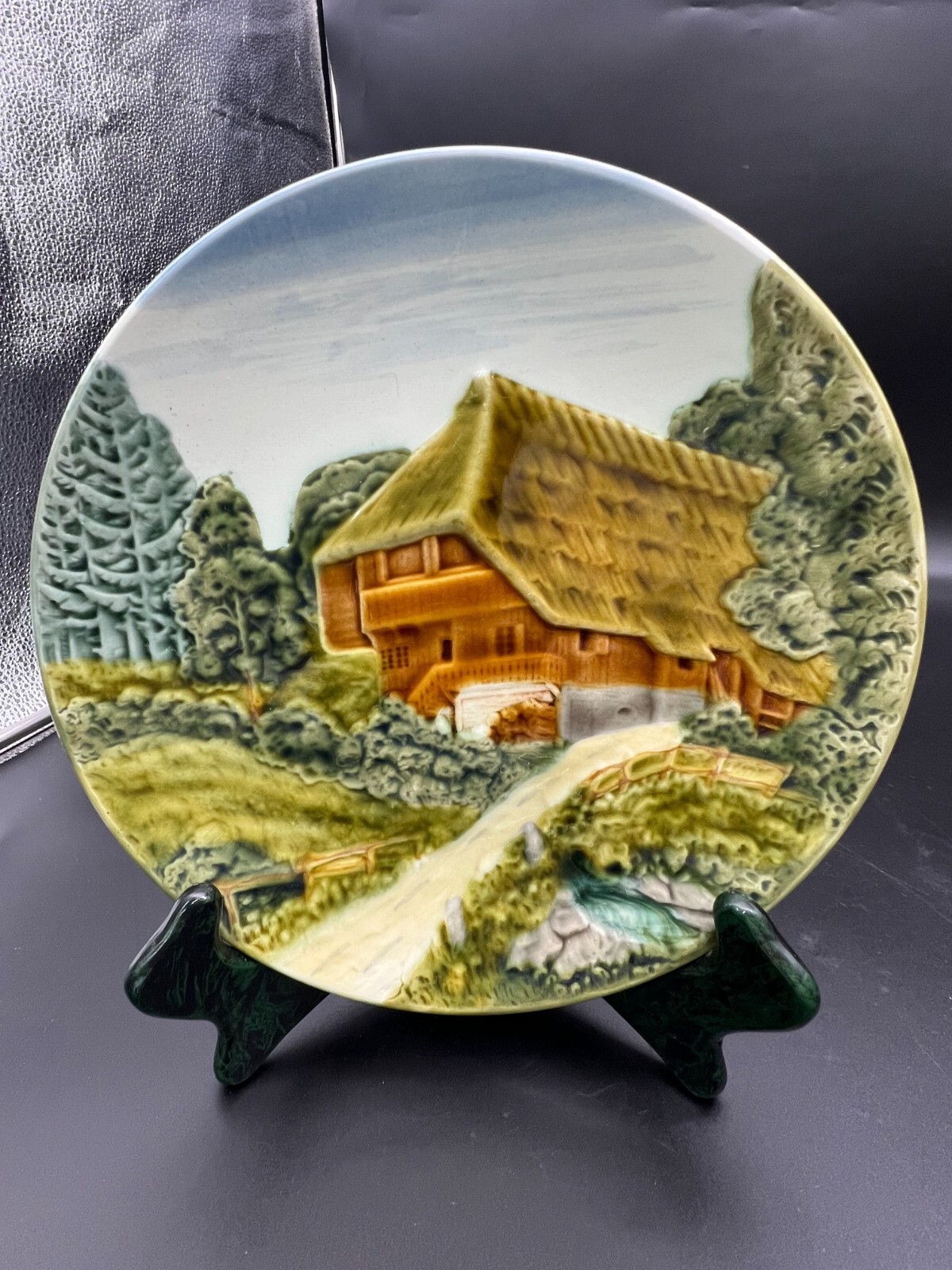 Germany Majolica Bas Relief Plate-Chalet in the Woods