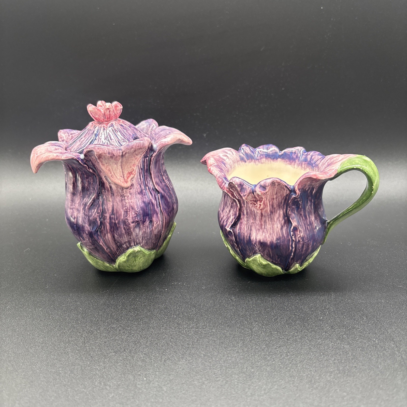VTG Enesco Winterthur Garden Collection Sugar Bowl Creamer Majolica Style Tulip
