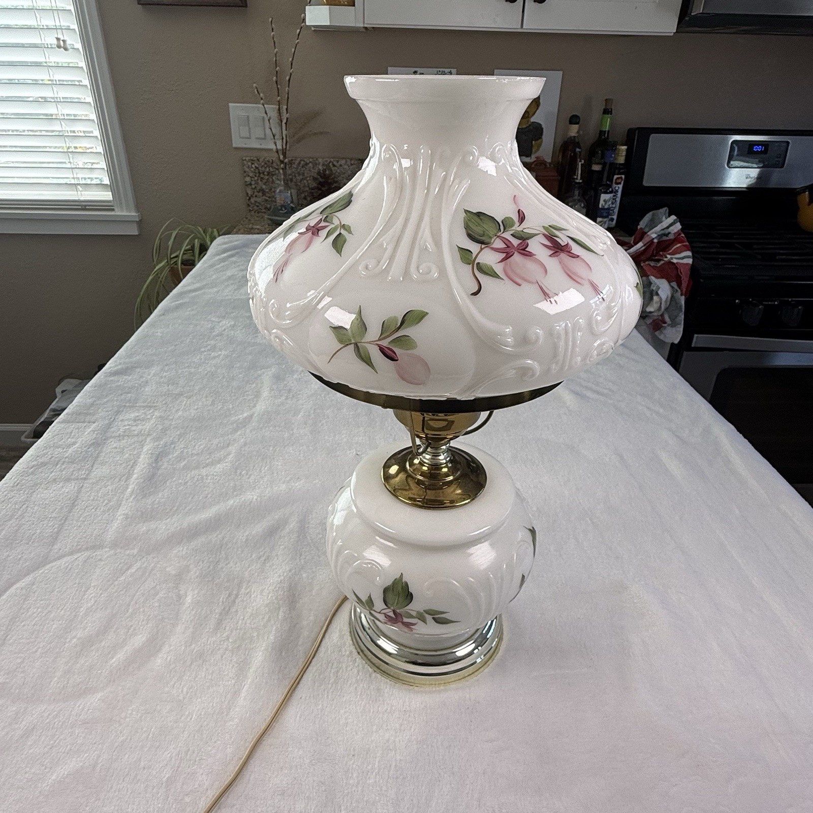 Vintage Gone With The Wind Lamp Milk Glass Pink Floral Hurricane Parlor Light