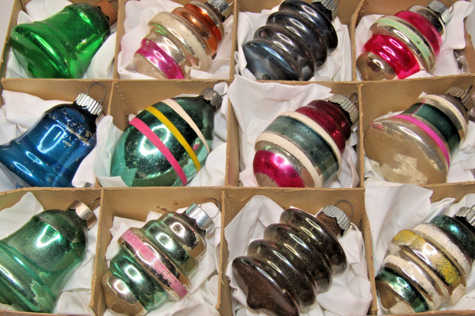 Lot VTG Glass Assorted BARREL TORNADO BELL Drop Christmas Ornaments Shiny Brite
